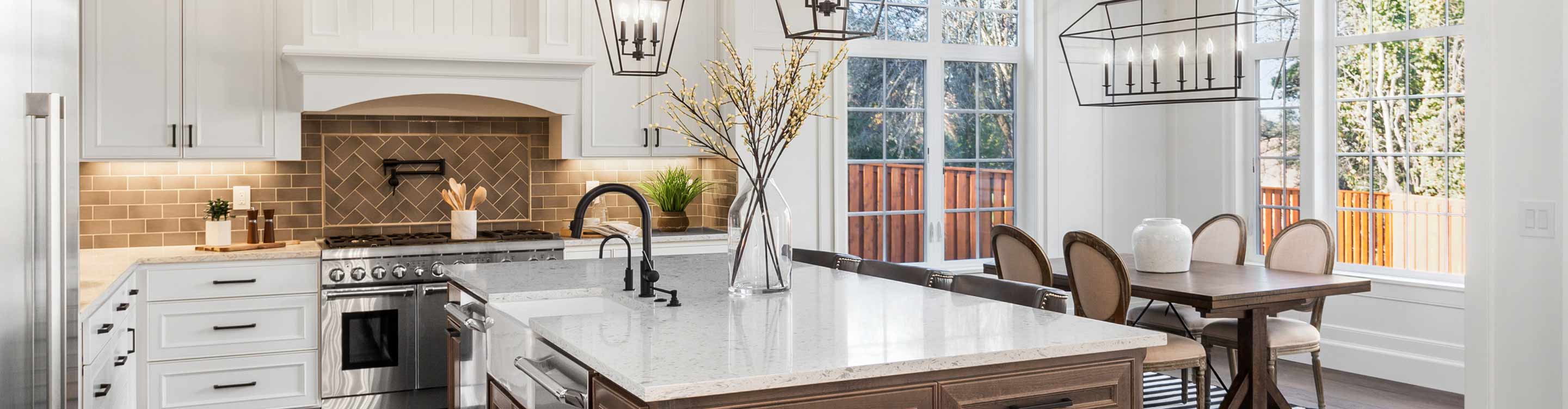 modern farmhouse kitchen with wood-look floors